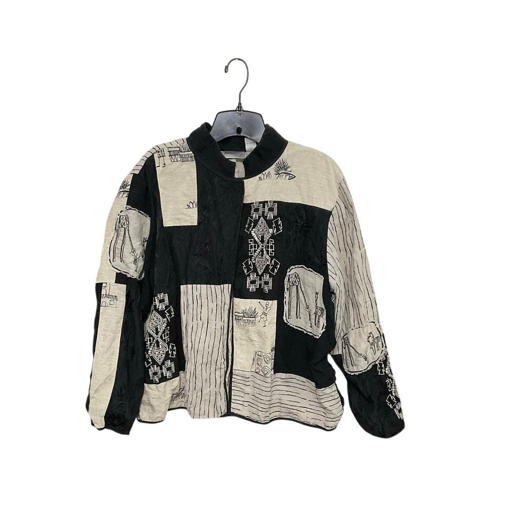 VTG 90s Chico's Jacket Silk Linen Blazer Patchwork Embroidered Giraffe Size XL
